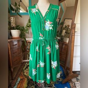 ModCloth Green Floral V Neck dress Elastic Waist Drawstring, Plus Size 2X
